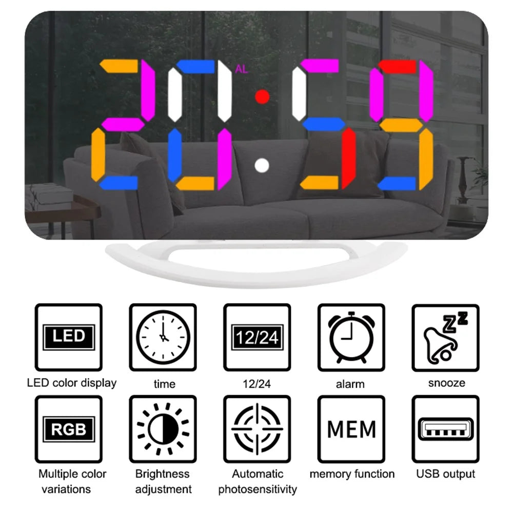 TS-8201 LED RGB Light Alarm Clock Mirror Surface Desktop Wall Hanging Clock with Dual USB Ports - 2