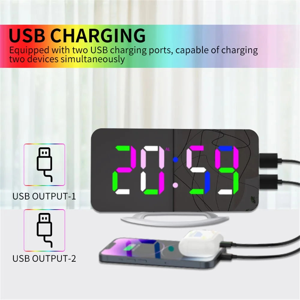TS-8201 LED RGB Light Alarm Clock Mirror Surface Desktop Wall Hanging Clock with Dual USB Ports - 3