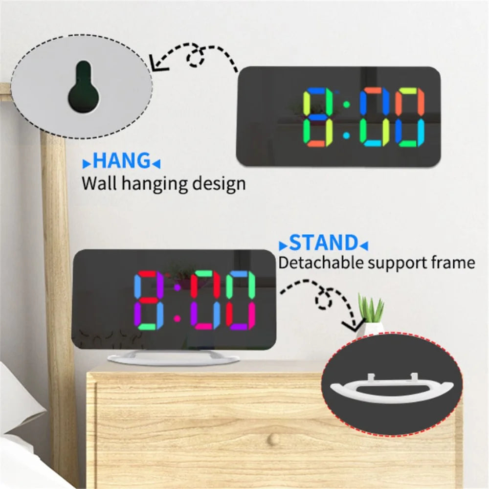 TS-8201 LED RGB Light Alarm Clock Mirror Surface Desktop Wall Hanging Clock with Dual USB Ports - 4