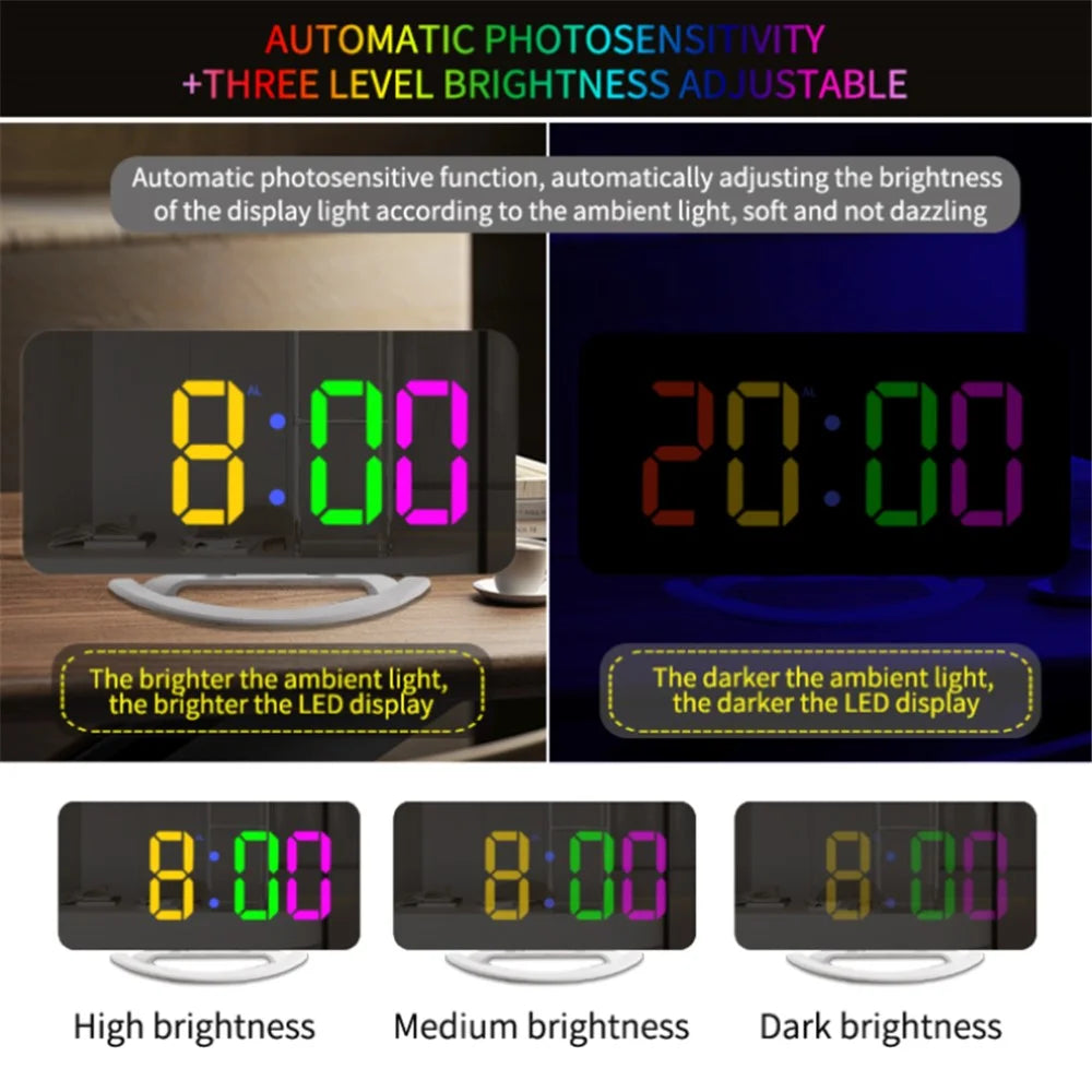 TS-8201 LED RGB Light Alarm Clock Mirror Surface Desktop Wall Hanging Clock with Dual USB Ports - 5