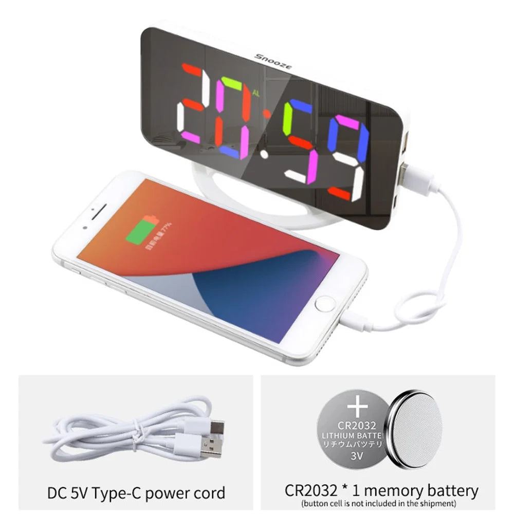 TS-8201 LED RGB Light Alarm Clock Mirror Surface Desktop Wall Hanging Clock with Dual USB Ports - 6