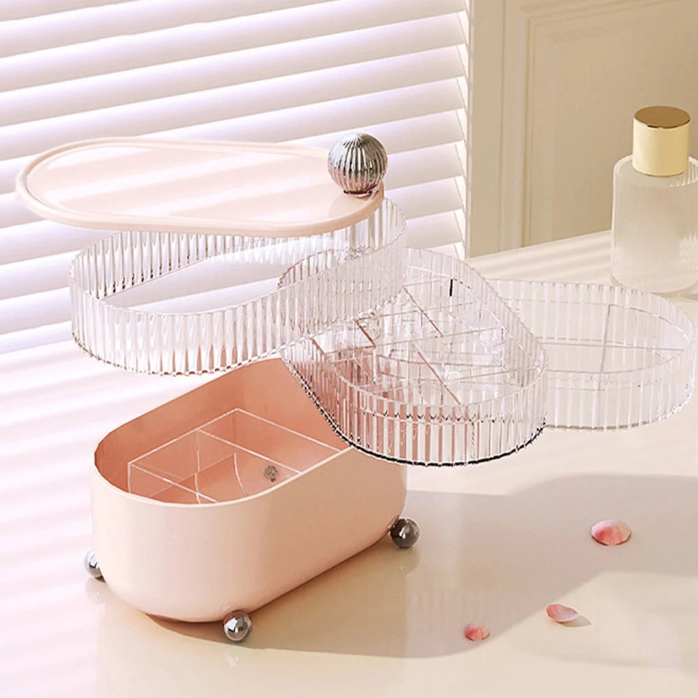 Rotary Storage Tray Rack Transparent Multi-Layers Earring Bracelet Jewelry Organizer Container - Ball / Four Layers / Pink - 1