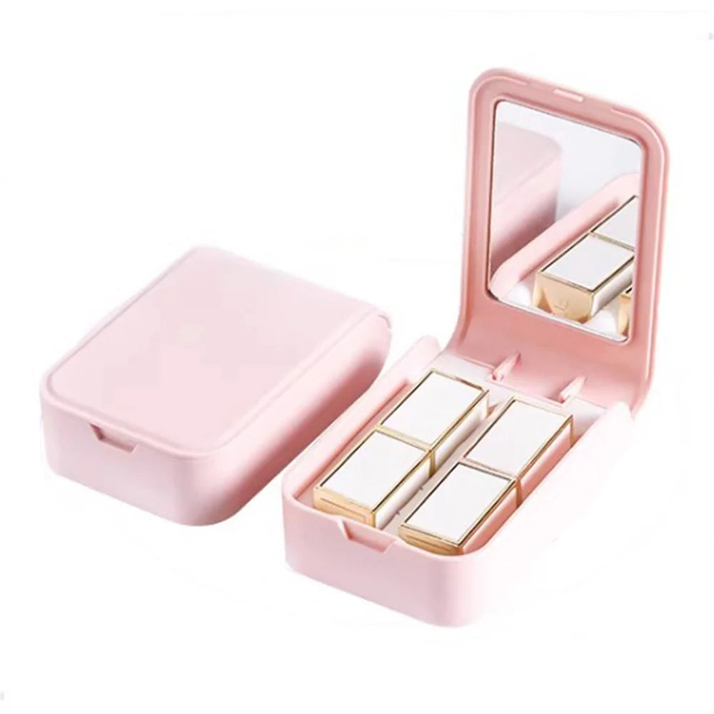 ABS+Silicone Makeup Lipstick Storage Box Container Gift Portable Lip Cream Case Holder with Mirror for Women Girls - Pink - 1