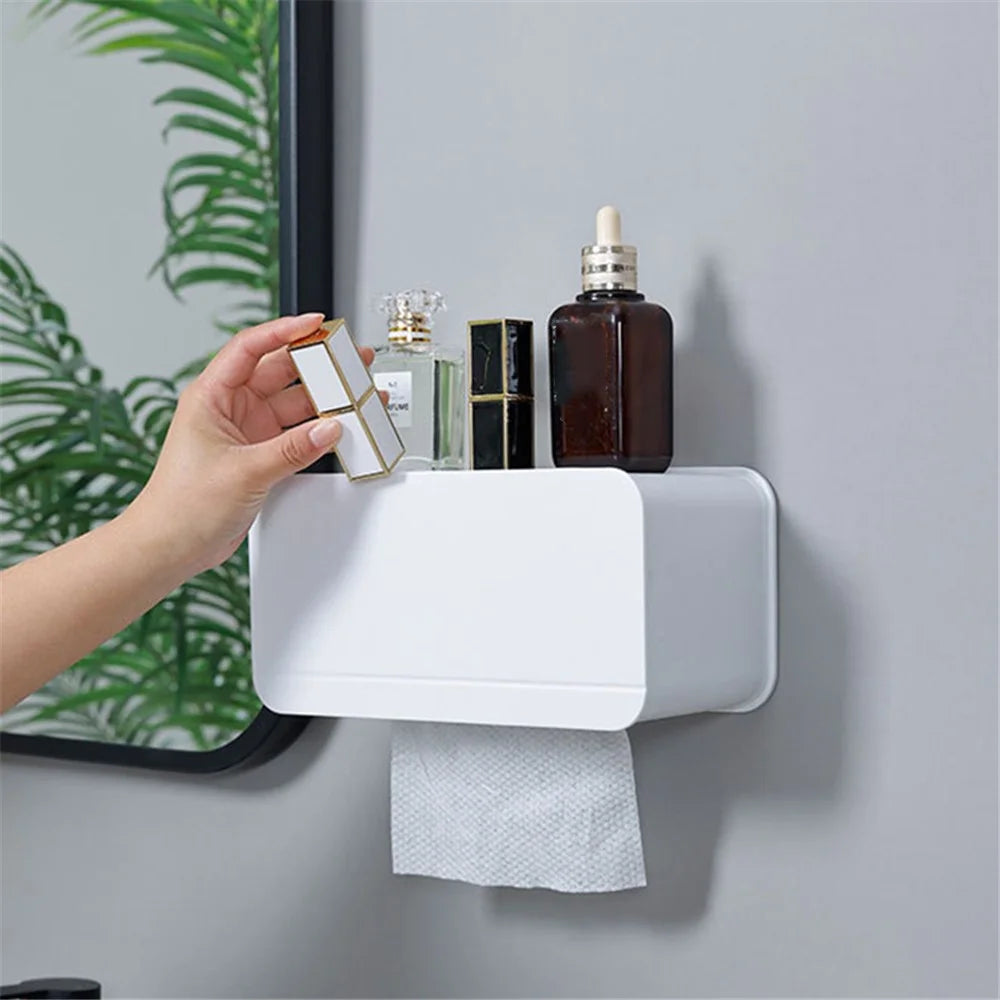 Wall Mounted Toilet Paper Holder ABS+Magnet Storage Shelf Tissue Box Rack for Home Bathroom - 2