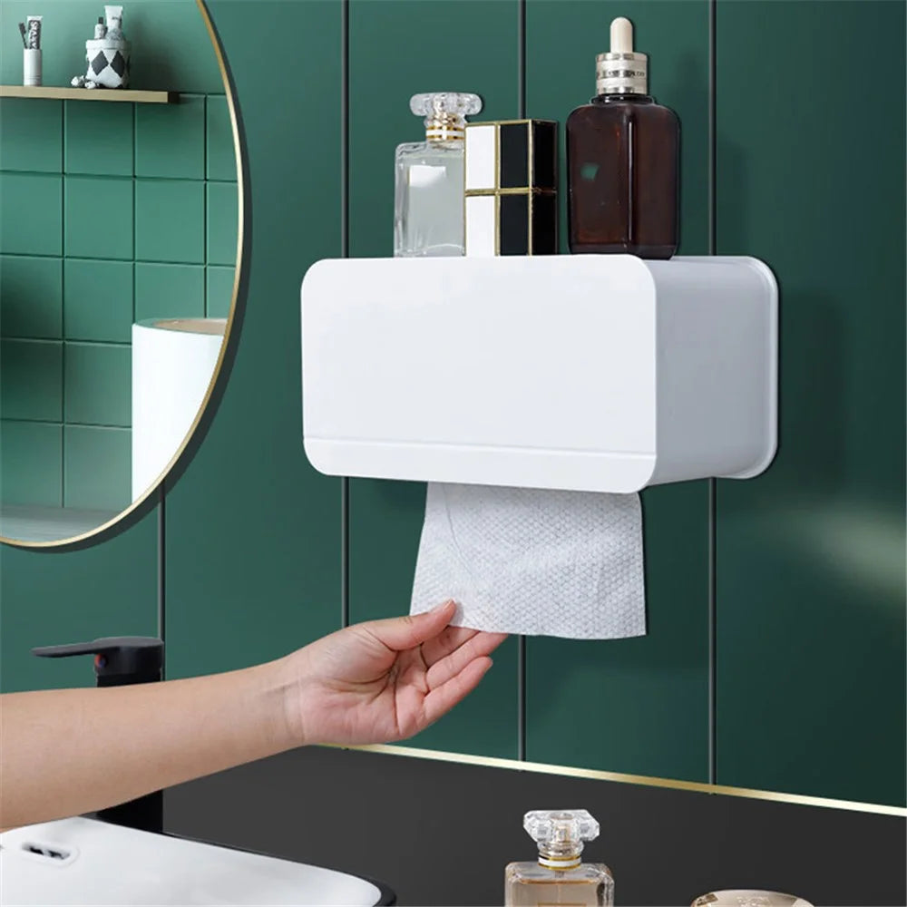 Wall Mounted Toilet Paper Holder ABS+Magnet Storage Shelf Tissue Box Rack for Home Bathroom - 5