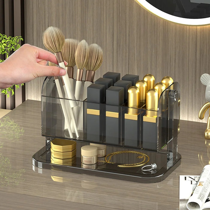 PET Lipstick Storage Box Multi-grid Dressing Table Makeup Brush Lip Glaze Transparent Organizer - Transparent Grey - 2