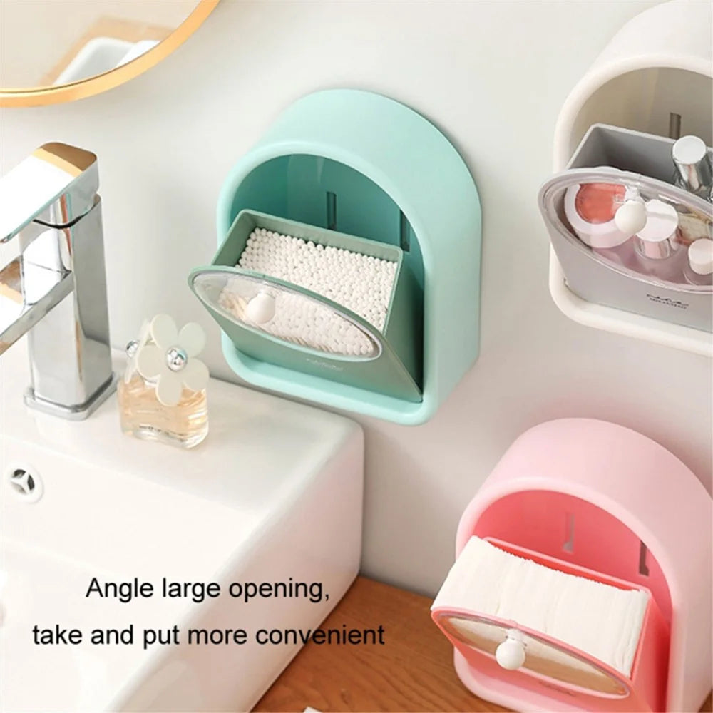 Bathroom Wall-Mounted Cotton Swab Holder Cosmetic Storage Box for Cotton Swabs, Makeup Pads - Green - 2