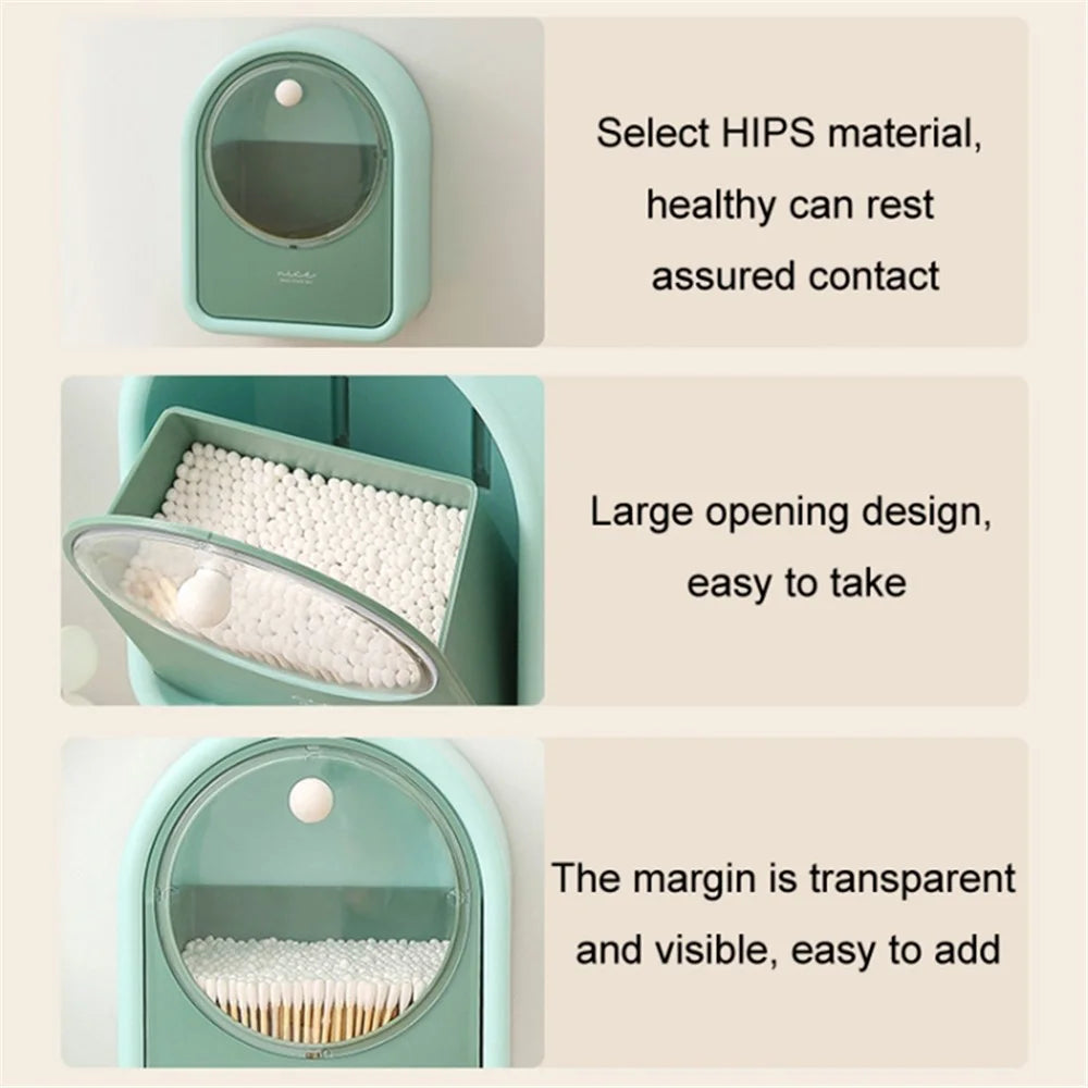 Bathroom Wall-Mounted Cotton Swab Holder Cosmetic Storage Box for Cotton Swabs, Makeup Pads - Green - 6