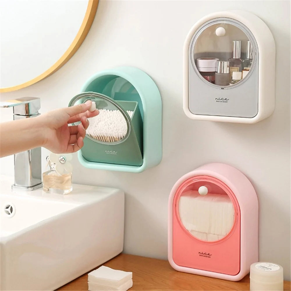 Bathroom Wall-Mounted Cotton Swab Holder Cosmetic Storage Box for Cotton Swabs, Makeup Pads - Green - 7