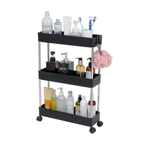 PP + Stainless Steel 3 Tier Narrow Type Bathroom Storage Rack with Wheels Rolling Organizer Shelf - Black - 1