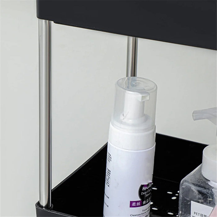 PP + Stainless Steel 3 Tier Narrow Type Bathroom Storage Rack with Wheels Rolling Organizer Shelf - Black - 3