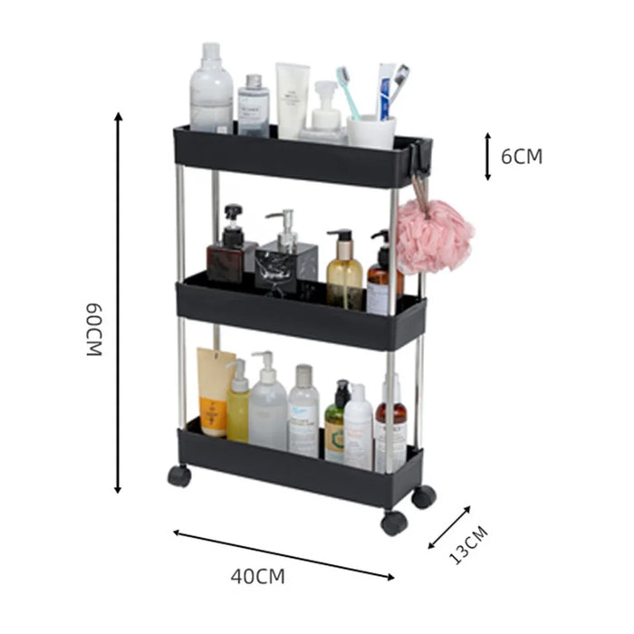 PP + Stainless Steel 3 Tier Narrow Type Bathroom Storage Rack with Wheels Rolling Organizer Shelf - Black - 6