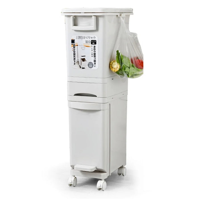 7030 32L Long Tube Kitchen Double Layer Mobile Pulley Garbage Basket Dry Wet Separation Trash Can - 1