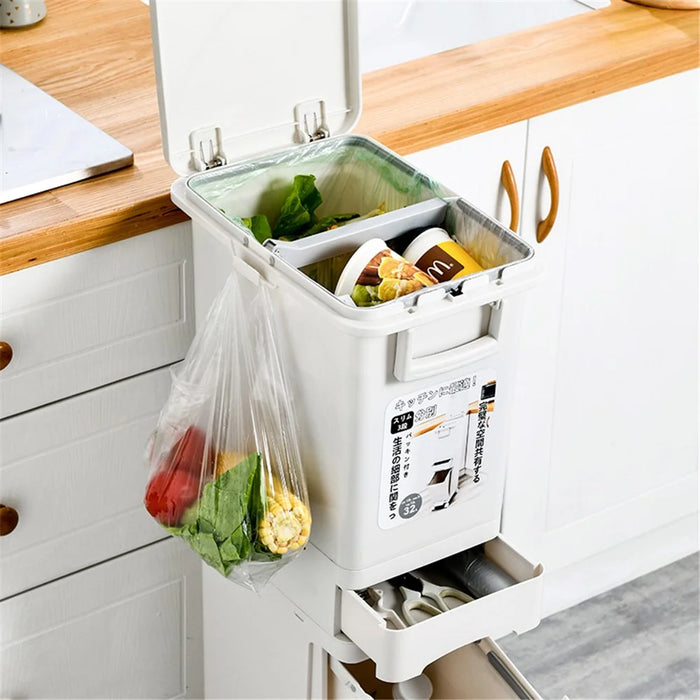 7030 32L Long Tube Kitchen Double Layer Mobile Pulley Garbage Basket Dry Wet Separation Trash Can - 3