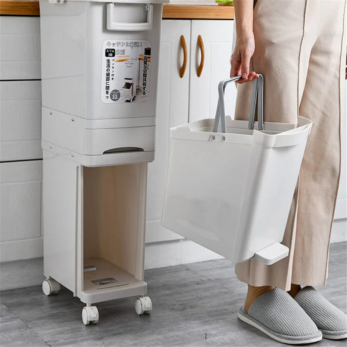 7030 32L Long Tube Kitchen Double Layer Mobile Pulley Garbage Basket Dry Wet Separation Trash Can - 5