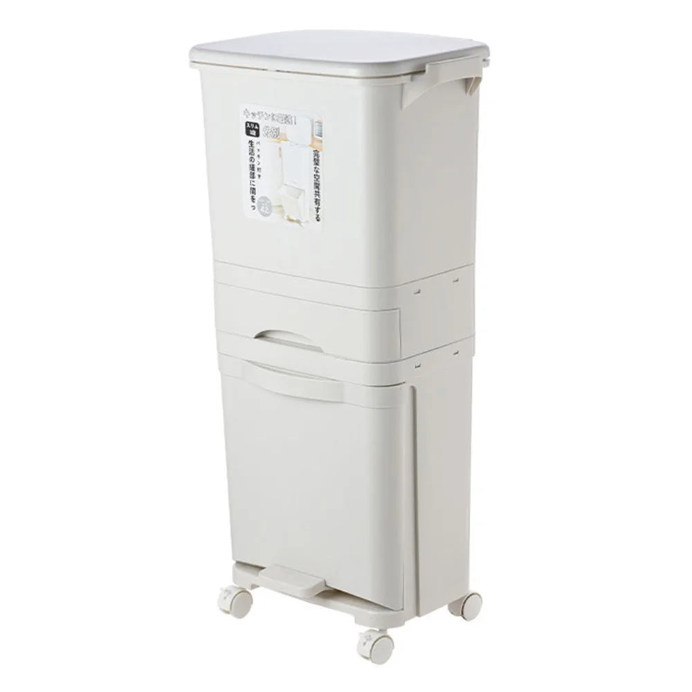 7023 42L Dry Wet Separation Plastic Trash Can Long Tube Kitchen Mobile Pulley Garbage Basket - 1