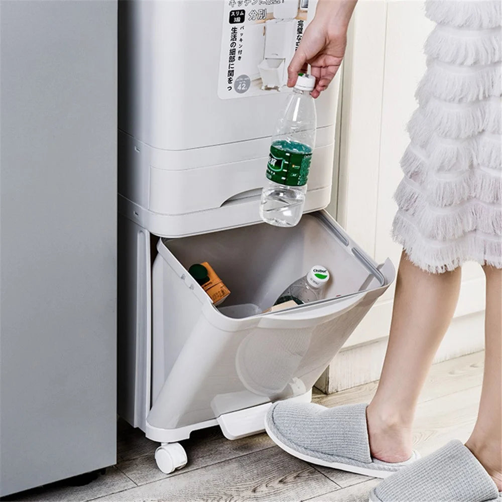 7023 42L Dry Wet Separation Plastic Trash Can Long Tube Kitchen Mobile Pulley Garbage Basket - 3