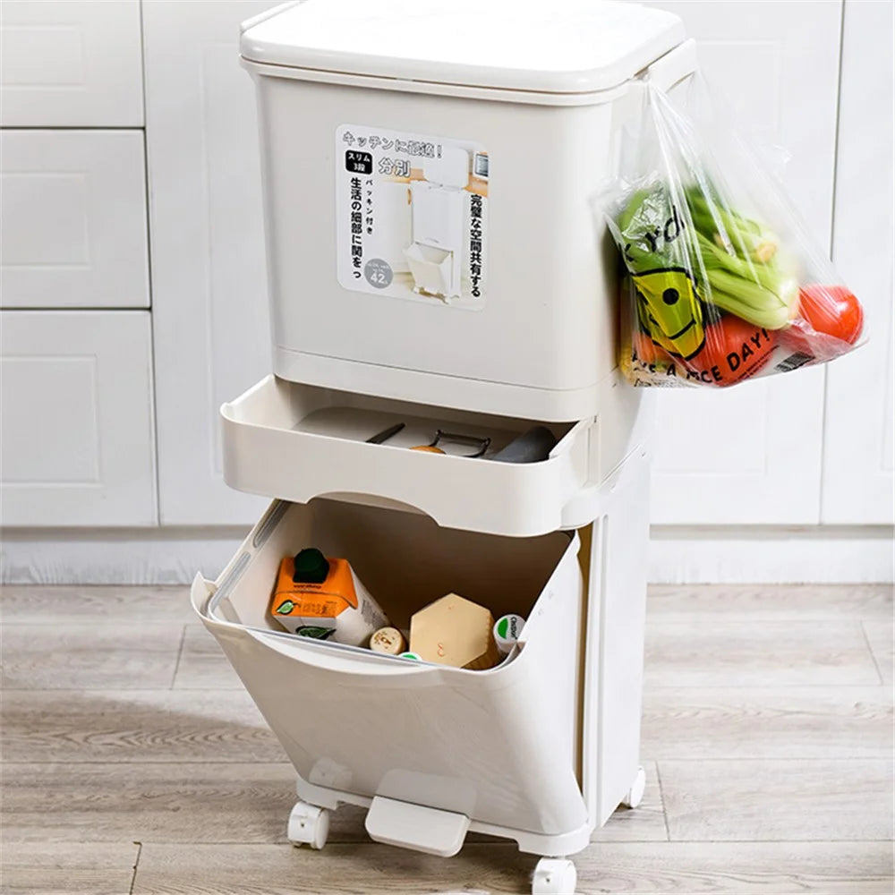 7023 42L Dry Wet Separation Plastic Trash Can Long Tube Kitchen Mobile Pulley Garbage Basket - 4