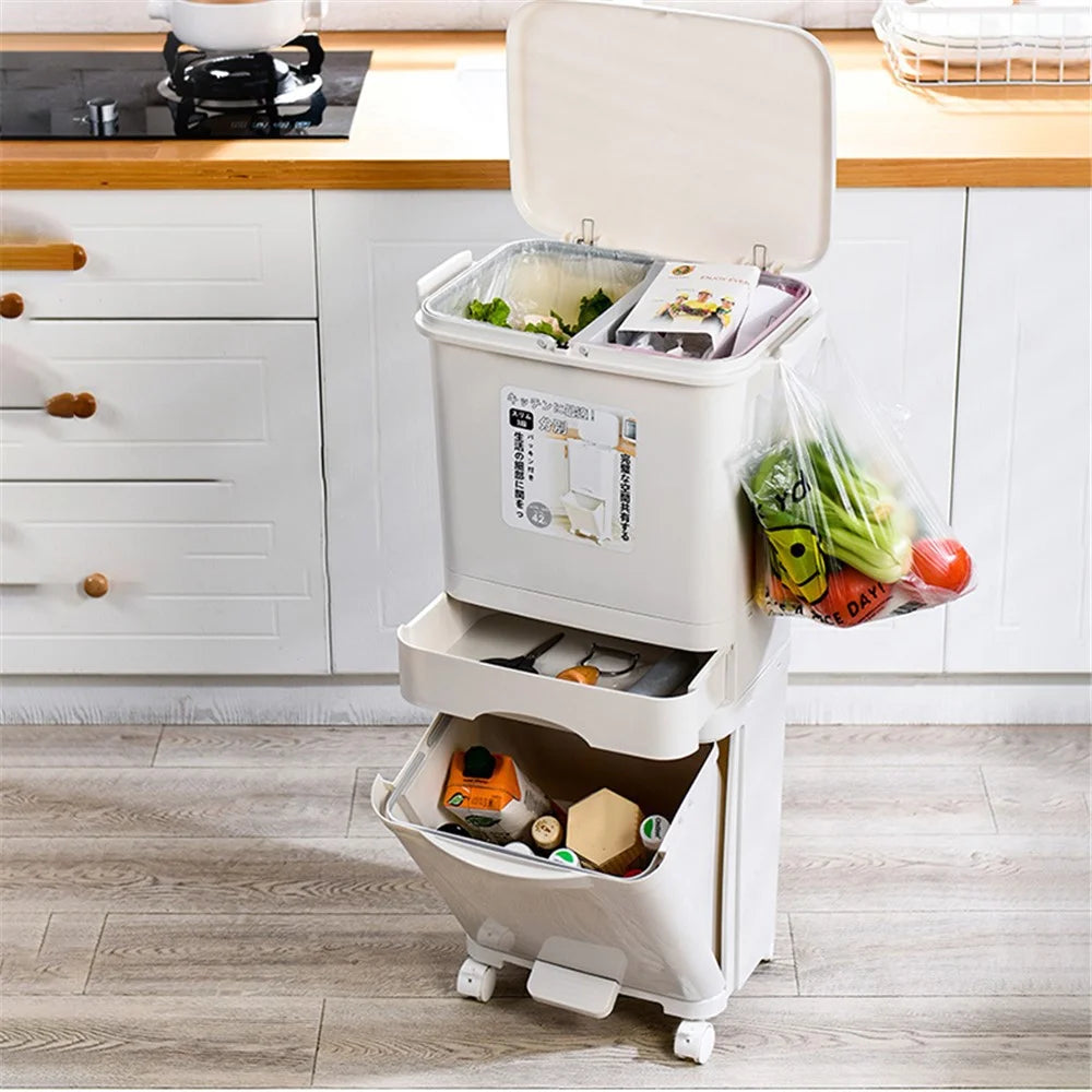 7023 42L Dry Wet Separation Plastic Trash Can Long Tube Kitchen Mobile Pulley Garbage Basket - 5