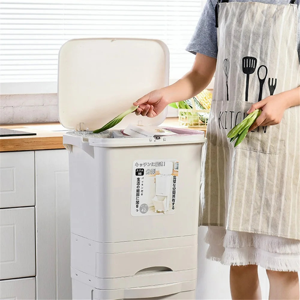 7023 42L Dry Wet Separation Plastic Trash Can Long Tube Kitchen Mobile Pulley Garbage Basket - 6