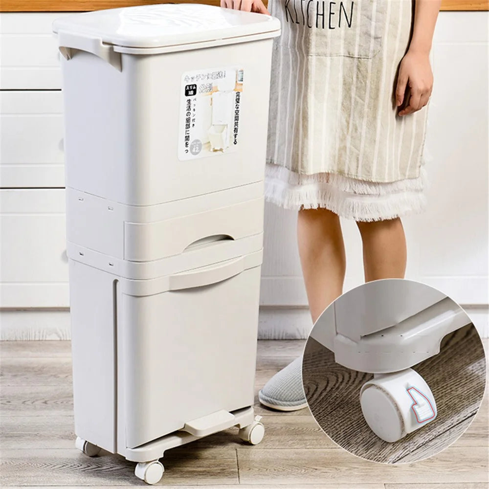7023 42L Dry Wet Separation Plastic Trash Can Long Tube Kitchen Mobile Pulley Garbage Basket - 7