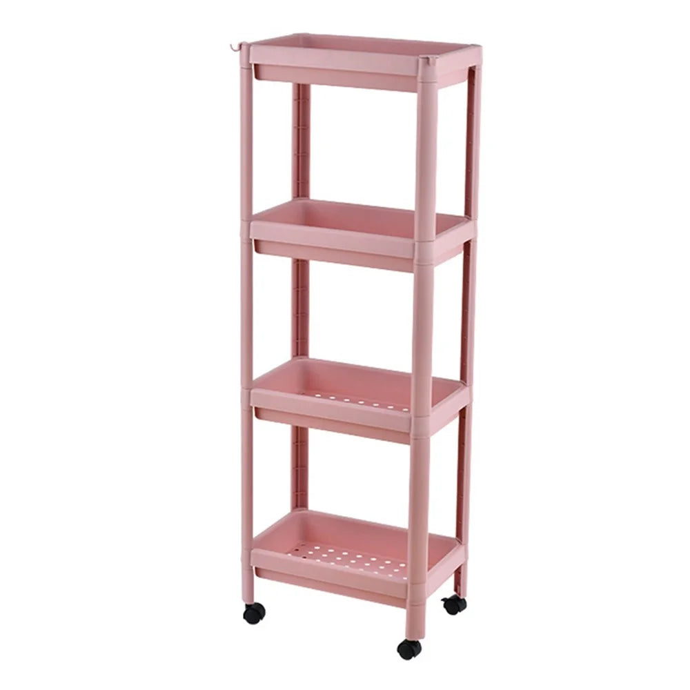 4 Layer Plastic Floor Standing Storage Rack Movable Pulley Storage Shelf for Bathroom Kitchen - Pink - 1