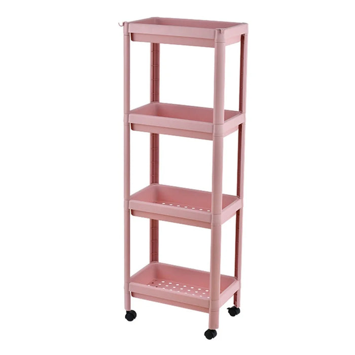 4 Layer Plastic Floor Standing Storage Rack Movable Pulley Storage Shelf for Bathroom Kitchen - Pink - 1