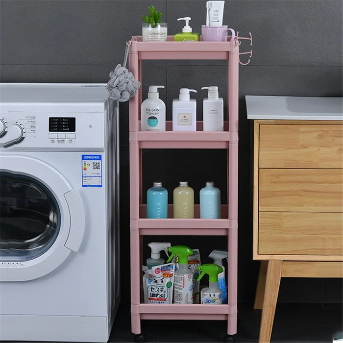 4 Layer Plastic Floor Standing Storage Rack Movable Pulley Storage Shelf for Bathroom Kitchen - Pink - 2
