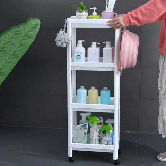 4 Layer Plastic Floor Standing Storage Rack Movable Pulley Storage Shelf for Bathroom Kitchen - Pink - 3