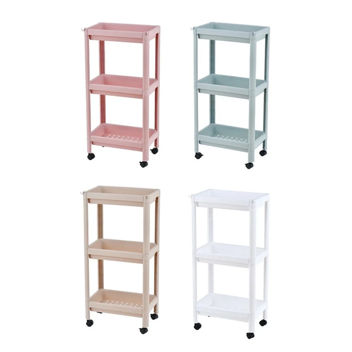 4 Layer Plastic Floor Standing Storage Rack Movable Pulley Storage Shelf for Bathroom Kitchen - Pink - 5