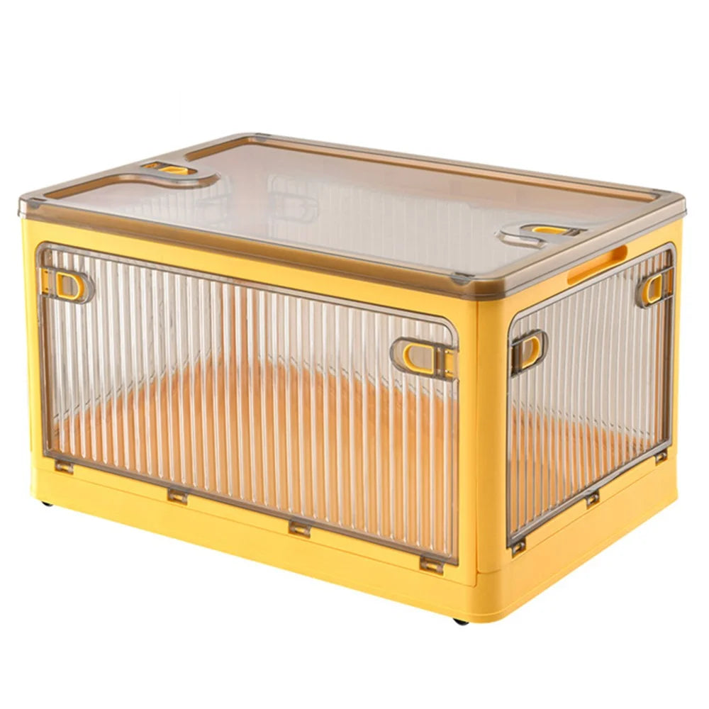 28L Folding Plastic Storage Bin 5-Sided Door Opening Transparent Removable Pulley Stackable Box, Size S - Yellow - 1