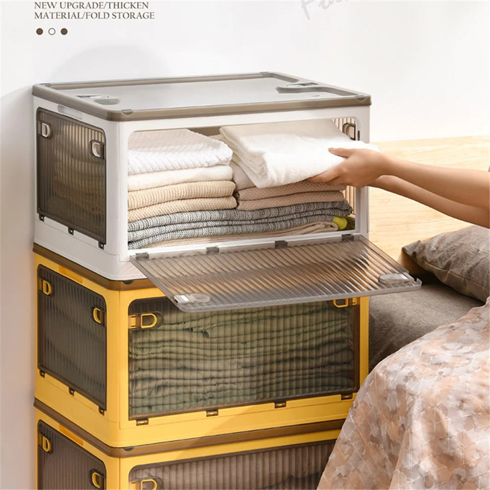 28L Folding Plastic Storage Bin 5-Sided Door Opening Transparent Removable Pulley Stackable Box, Size S - Yellow - 2