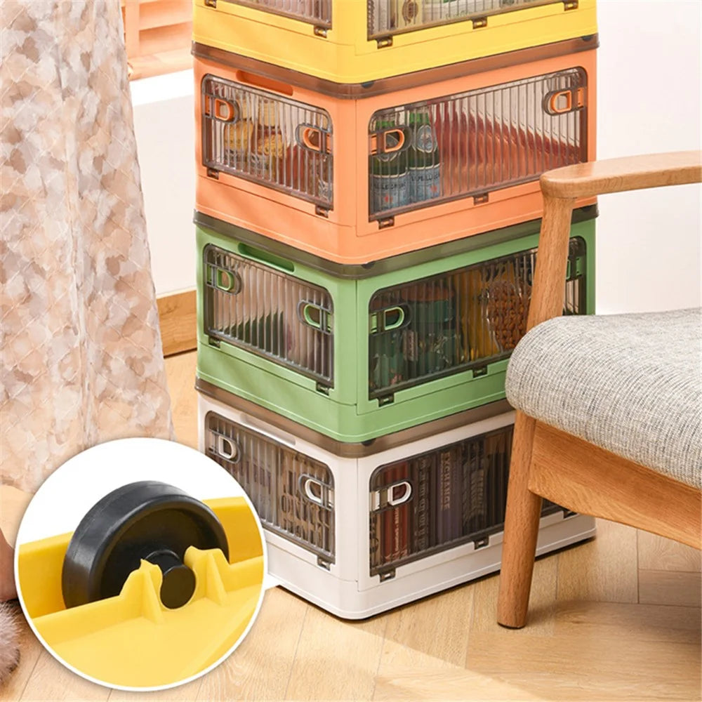 28L Folding Plastic Storage Bin 5-Sided Door Opening Transparent Removable Pulley Stackable Box, Size S - Yellow - 3