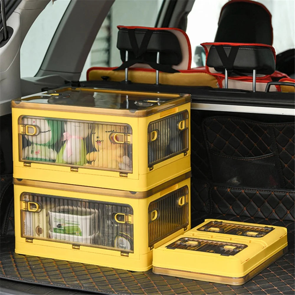 28L Folding Plastic Storage Bin 5-Sided Door Opening Transparent Removable Pulley Stackable Box, Size S - Yellow - 6