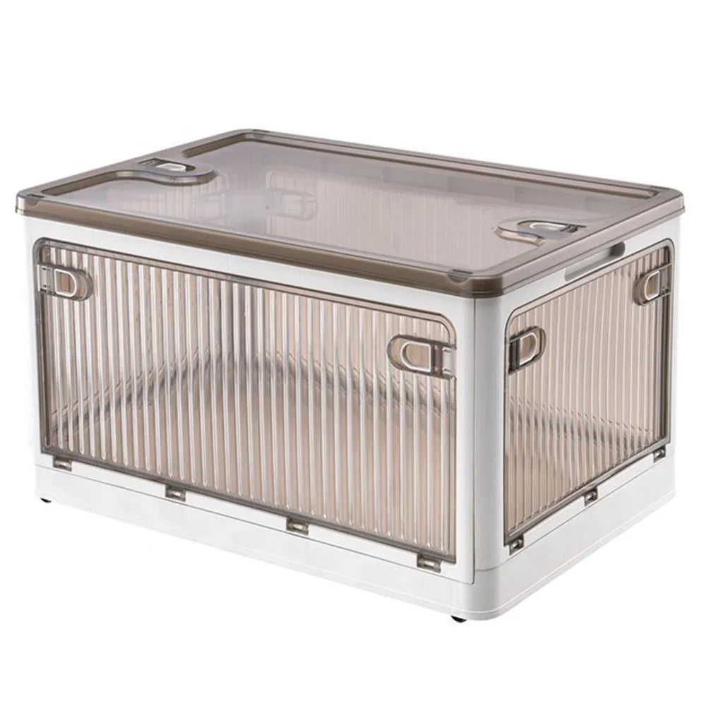 40L Transparent Plastic Storage Bin 5-Sided Door Opening Removable Pulley Stackable Folding Box, Size M - White - 1