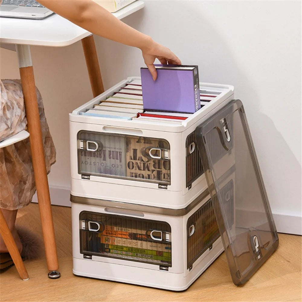 40L Transparent Plastic Storage Bin 5-Sided Door Opening Removable Pulley Stackable Folding Box, Size M - White - 2