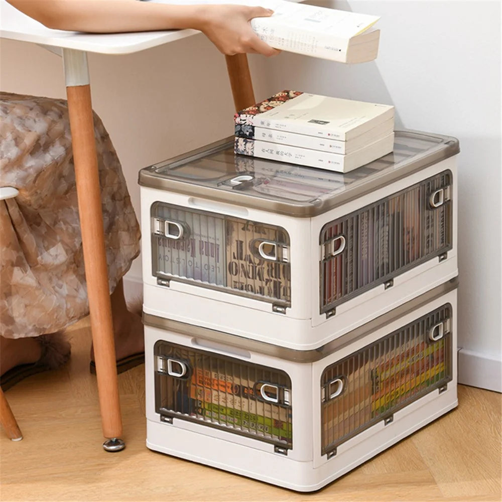 40L Transparent Plastic Storage Bin 5-Sided Door Opening Removable Pulley Stackable Folding Box, Size M - White - 3