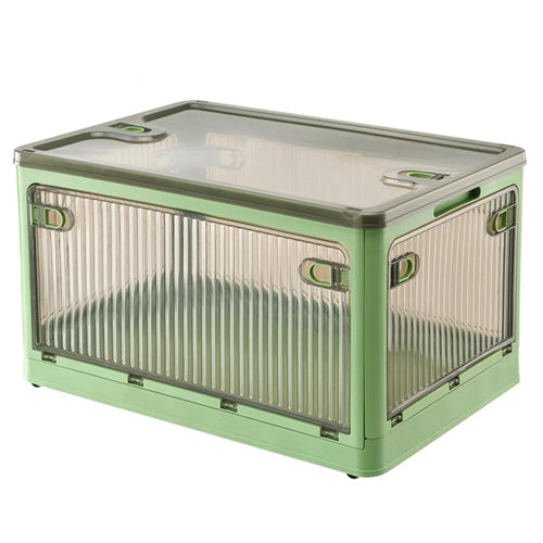 56L 5-Sided Door Opening Folding Plastic Storage Bin Transparent Removable Pulley Stackable Box, Size L - Green - 1