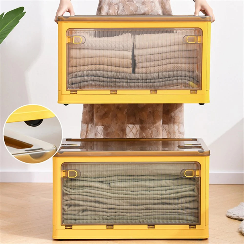 56L 5-Sided Door Opening Folding Plastic Storage Bin Transparent Removable Pulley Stackable Box, Size L - Green - 4