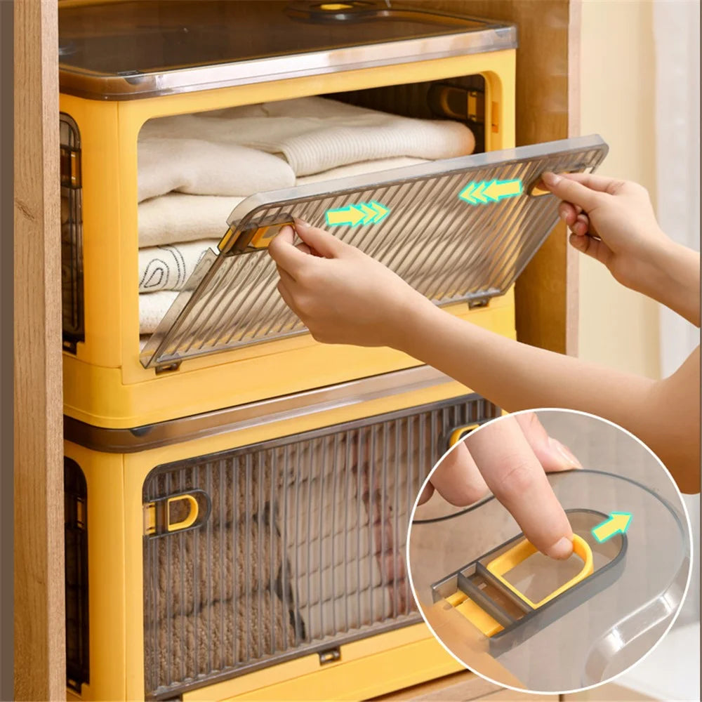 56L 5-Sided Door Opening Folding Plastic Storage Bin Transparent Removable Pulley Stackable Box, Size L - Green - 7