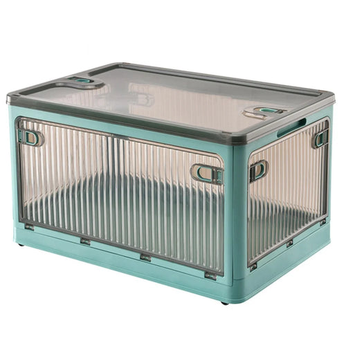 84L Folding Plastic Storage Bin with Pulley 5-Sided Door Opening Transparent Stackable Box, Size XL - Blue - 1