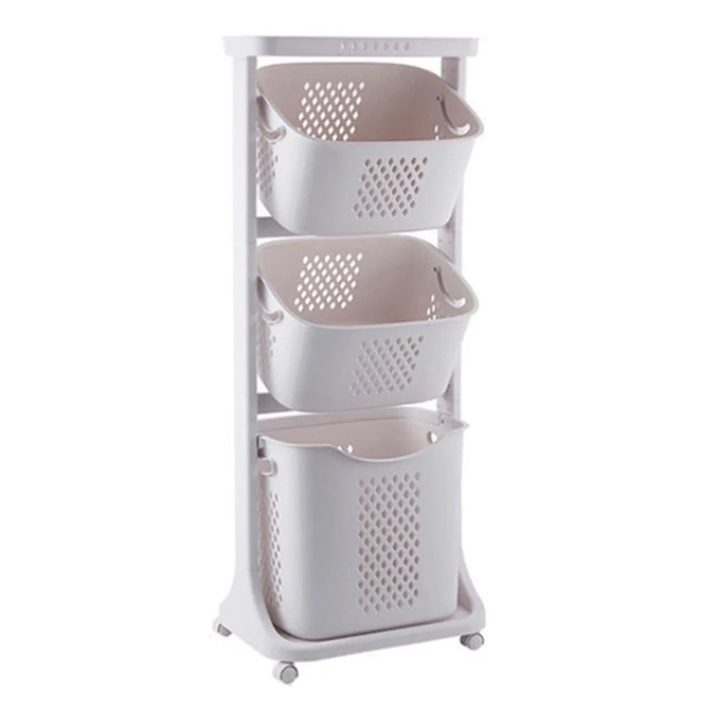 F827-3 Dirty Clothes Storage Basket PP 3 Layer Wash Clothes Storage Organizer with Rolling Wheel - 1