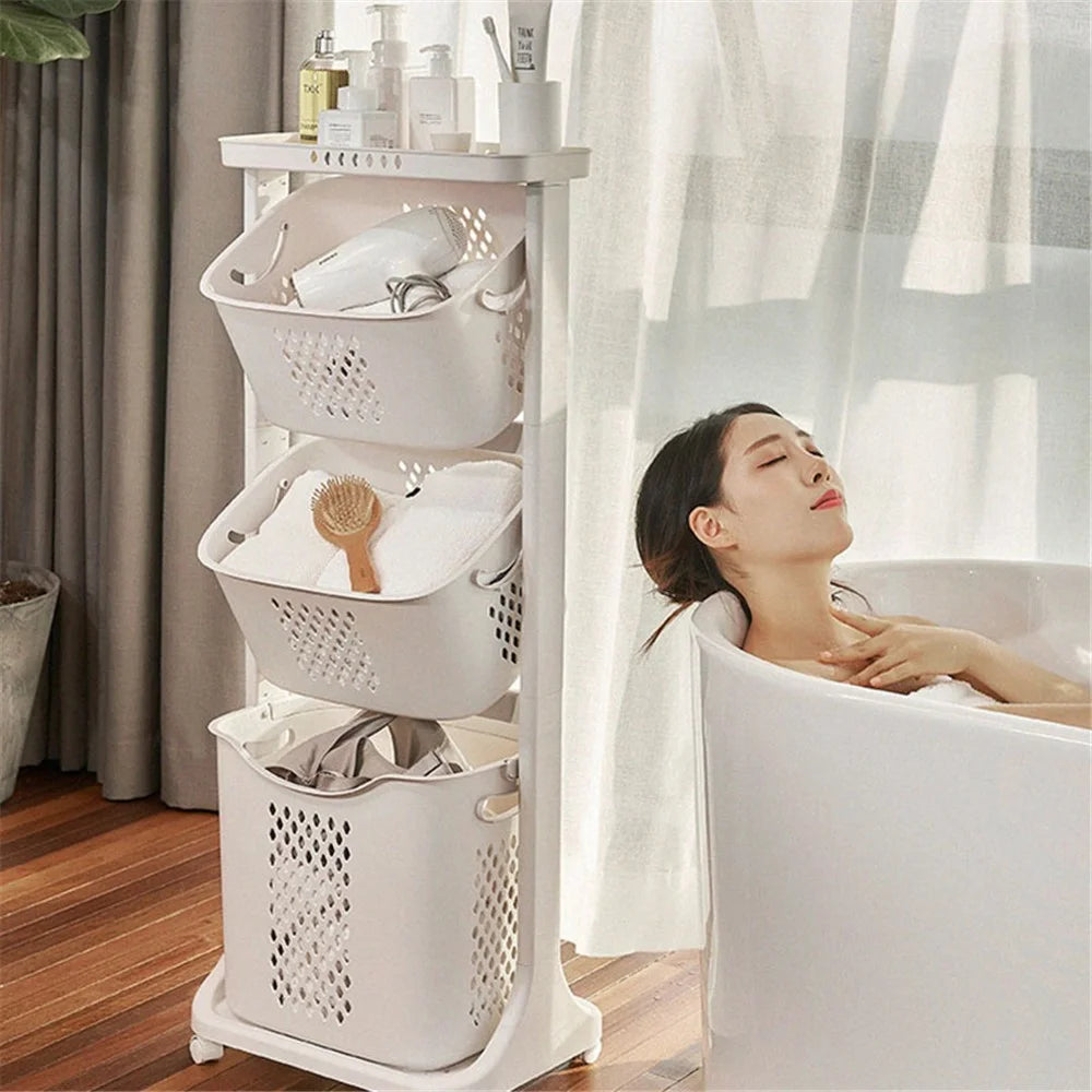F827-3 Dirty Clothes Storage Basket PP 3 Layer Wash Clothes Storage Organizer with Rolling Wheel - 2