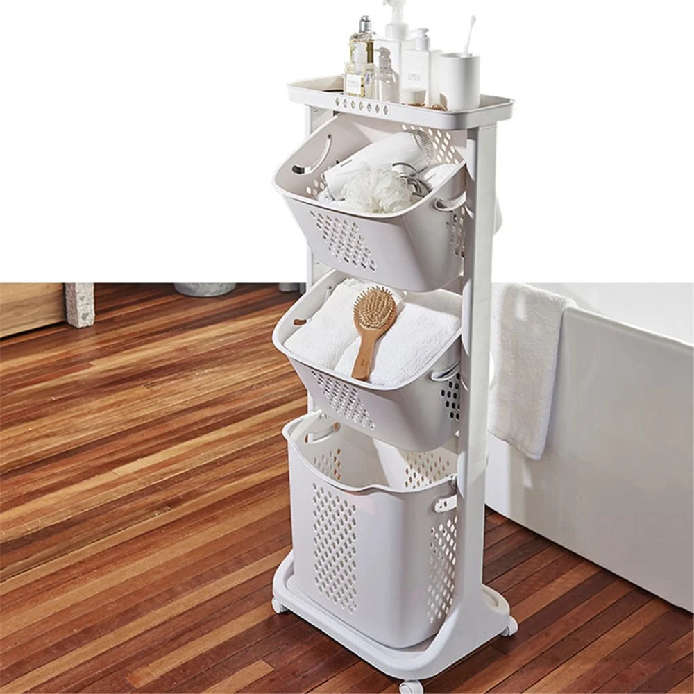 F827-3 Dirty Clothes Storage Basket PP 3 Layer Wash Clothes Storage Organizer with Rolling Wheel - 3