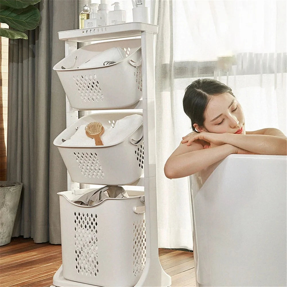 F827-3 Dirty Clothes Storage Basket PP 3 Layer Wash Clothes Storage Organizer with Rolling Wheel - 4