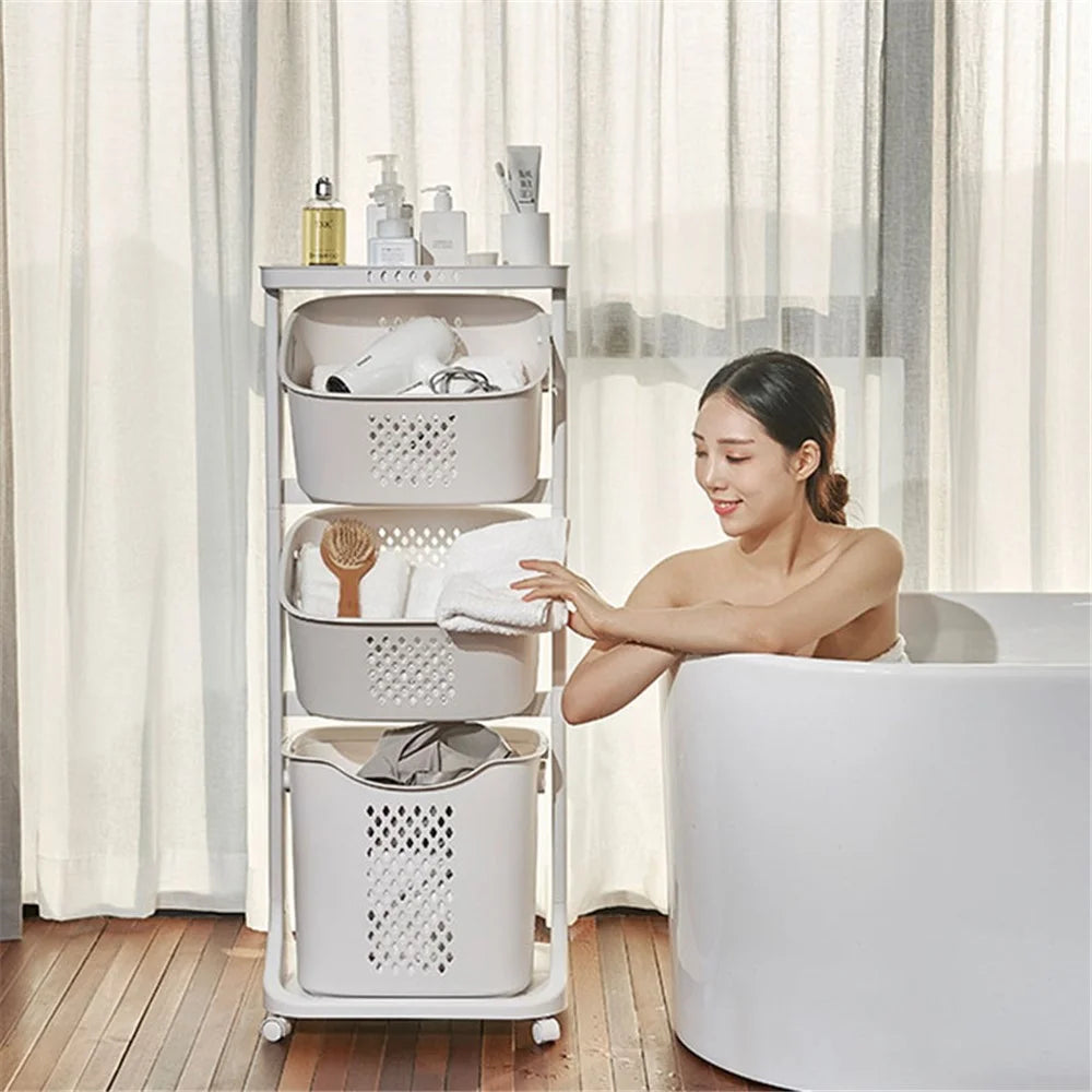 F827-3 Dirty Clothes Storage Basket PP 3 Layer Wash Clothes Storage Organizer with Rolling Wheel - 5
