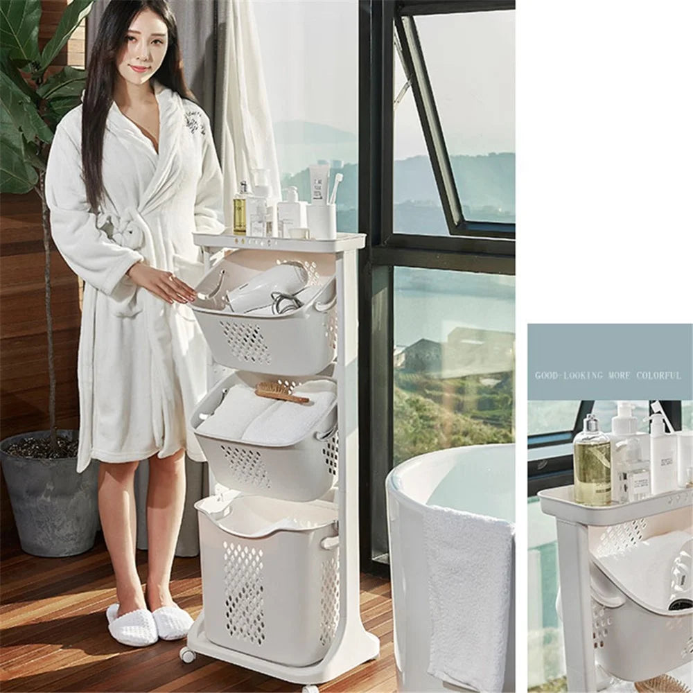 F827-3 Dirty Clothes Storage Basket PP 3 Layer Wash Clothes Storage Organizer with Rolling Wheel - 6