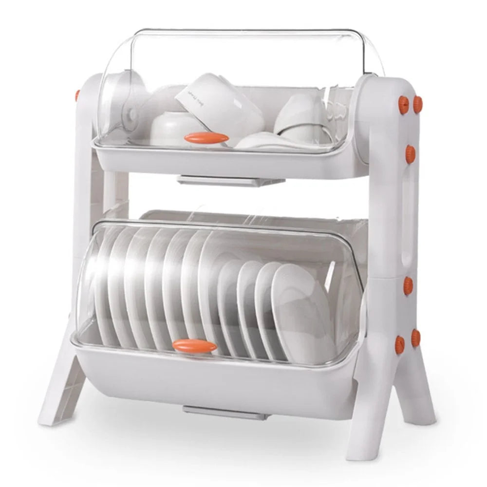 F922-2 Double-Layer Cupboard PP+PET Tableware Drainer Storage Box Dish Chopsticks Drying Rack with Lid - White - 1