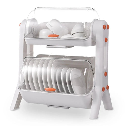 F922-2 Double-Layer Cupboard PP+PET Tableware Drainer Storage Box Dish Chopsticks Drying Rack with Lid - White - 1