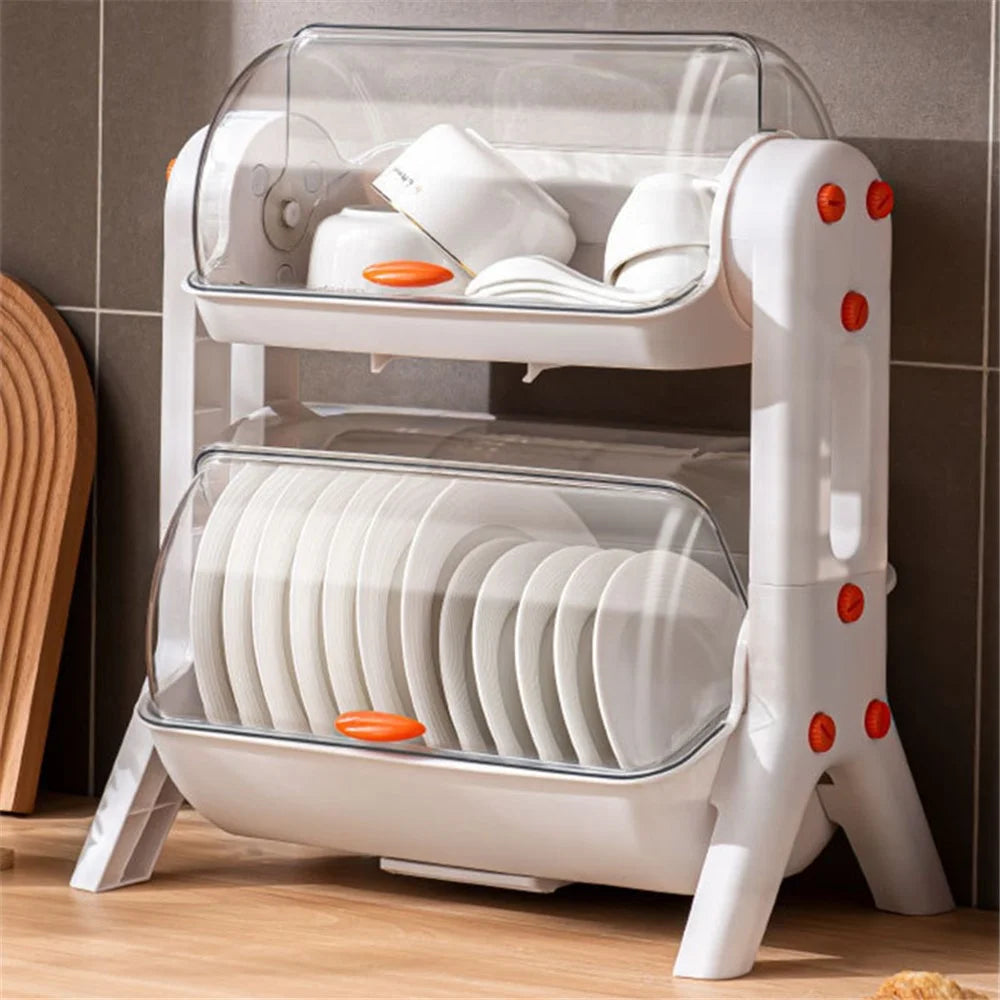 F922-2 Double-Layer Cupboard PP+PET Tableware Drainer Storage Box Dish Chopsticks Drying Rack with Lid - White - 2